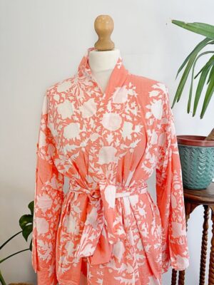Pure Cotton Indian Block-print House Dressing Robe Kimono | Floral Beach Coverup/Comfy Maternity Mom | Mughal Summer Peach Bouquet Blossom - Image 8
