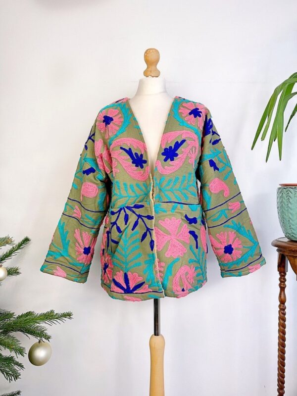 Suzani Hand Embroidered Short Jacket Bolero | Winter Boho Luxury Love | Christmas Special Gift | Pistachio Green Pink Blue Sherpa Wool Warm