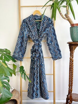 Luxury Velvet House Robe Unisex Kimono Boho Jacket Silky Lined Quirky Autumn Winter Christmas Luxe Gift Geometric Chevron White Blue Indigo - Image 2