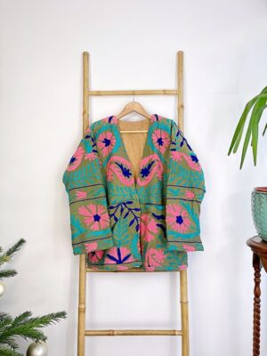 Suzani Hand Embroidered Short Jacket Bolero | Winter Boho Luxury Love | Christmas Special Gift | Pistachio Green Pink Blue Sherpa Wool Warm - Image 2