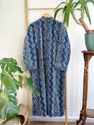 Luxury Velvet House Robe Unisex Kimono Boho Jacket Silky Lined Quirky Autumn Winter Christmas Luxe Gift Geometric Chevron White Blue Indigo - Image 3