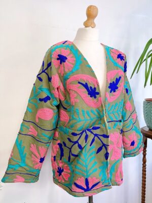 Suzani Hand Embroidered Short Jacket Bolero | Winter Boho Luxury Love | Christmas Special Gift | Pistachio Green Pink Blue Sherpa Wool Warm - Image 3
