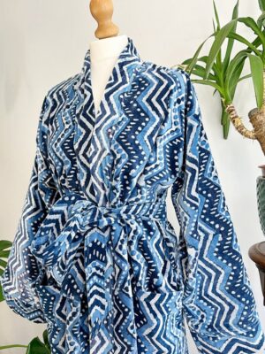 Luxury Velvet House Robe Unisex Kimono Boho Jacket Silky Lined Quirky Autumn Winter Christmas Luxe Gift Geometric Chevron White Blue Indigo - Image 4