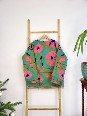 Suzani Hand Embroidered Short Jacket Bolero | Winter Boho Luxury Love | Christmas Special Gift | Pistachio Green Pink Blue Sherpa Wool Warm - Image 4