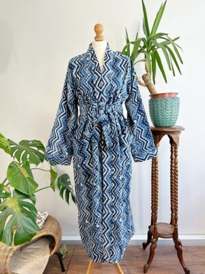 Luxury Velvet House Robe Unisex Kimono Boho Jacket Silky Lined Quirky Autumn Winter Christmas Luxe Gift Geometric Chevron White Blue Indigo - Image 5