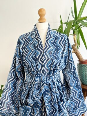 Luxury Velvet House Robe Unisex Kimono Boho Jacket Silky Lined Quirky Autumn Winter Christmas Luxe Gift Geometric Chevron White Blue Indigo - Image 6