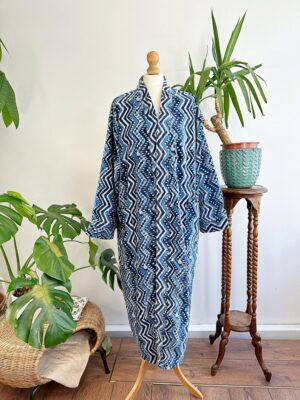 Luxury Velvet House Robe Unisex Kimono Boho Jacket Silky Lined Quirky Autumn Winter Christmas Luxe Gift Geometric Chevron White Blue Indigo - Image 7