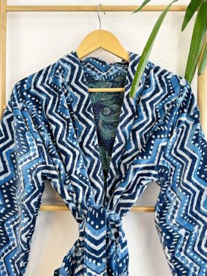 Luxury Velvet House Robe Unisex Kimono Boho Jacket Silky Lined Quirky Autumn Winter Christmas Luxe Gift Geometric Chevron White Blue Indigo - Image 8
