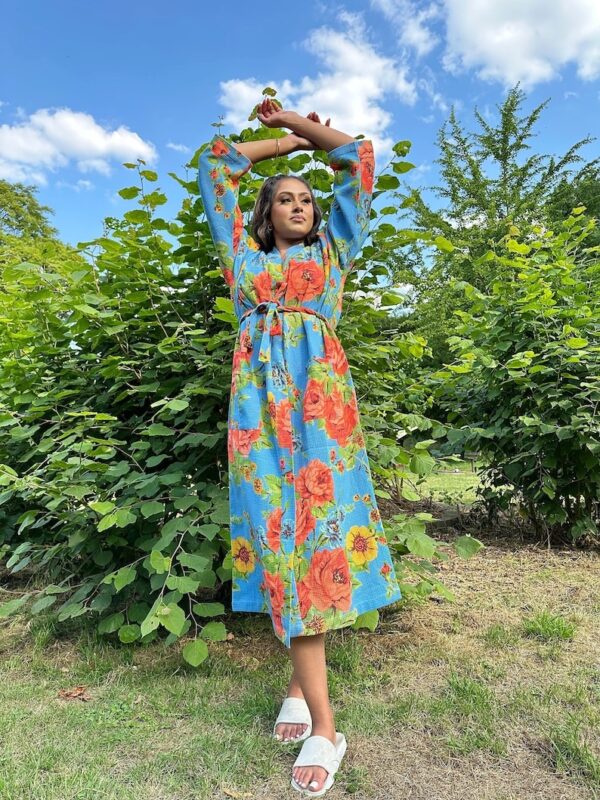 Pure Waffle Cotton Handprinted House Bath Robe Summer Kimono | Floral Spa Beach Coverup | Bloom Blue Orange Green Rose Bouquet Botanical
