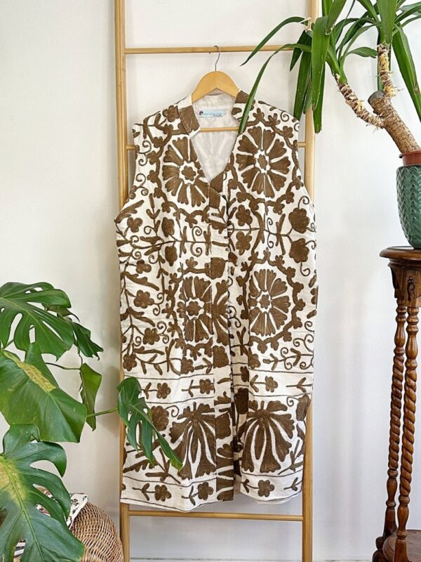 Suzani Hand Wool Embroidery Long Sleeveless Open Coat Jacket | Autumn Boho Elegant Gilet Love Special Gift | White Taupe Mull Beige Mandala