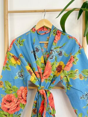 Pure Waffle Cotton Handprinted House Bath Robe Summer Kimono | Floral Spa Beach Coverup | Bloom Blue Orange Green Rose Bouquet Botanical - Image 10