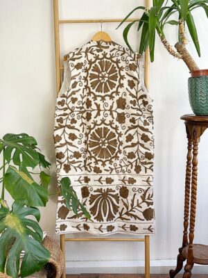 Suzani Hand Wool Embroidery Long Sleeveless Open Coat Jacket | Autumn Boho Elegant Gilet Love Special Gift | White Taupe Mull Beige Mandala - Image 2