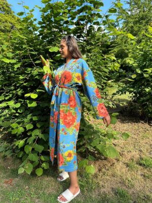 Pure Waffle Cotton Handprinted House Bath Robe Summer Kimono | Floral Spa Beach Coverup | Bloom Blue Orange Green Rose Bouquet Botanical - Image 3