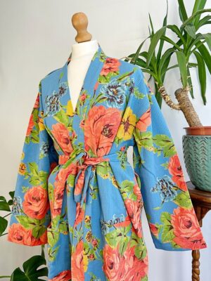 Pure Waffle Cotton Handprinted House Bath Robe Summer Kimono | Floral Spa Beach Coverup | Bloom Blue Orange Green Rose Bouquet Botanical - Image 4