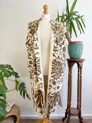 Suzani Hand Wool Embroidery Long Sleeveless Open Coat Jacket | Autumn Boho Elegant Gilet Love Special Gift | White Taupe Mull Beige Mandala - Image 4
