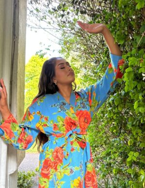 Pure Waffle Cotton Handprinted House Bath Robe Summer Kimono | Floral Spa Beach Coverup | Bloom Blue Orange Green Rose Bouquet Botanical - Image 5