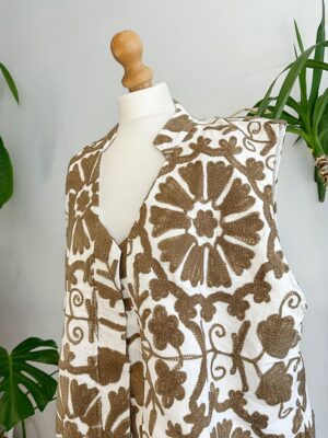 Suzani Hand Wool Embroidery Long Sleeveless Open Coat Jacket | Autumn Boho Elegant Gilet Love Special Gift | White Taupe Mull Beige Mandala - Image 5