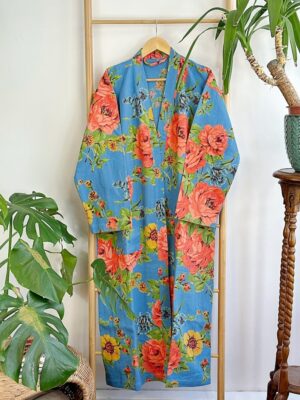 Pure Waffle Cotton Handprinted House Bath Robe Summer Kimono | Floral Spa Beach Coverup | Bloom Blue Orange Green Rose Bouquet Botanical - Image 6