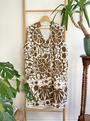 Suzani Hand Wool Embroidery Long Sleeveless Open Coat Jacket | Autumn Boho Elegant Gilet Love Special Gift | White Taupe Mull Beige Mandala - Image 6