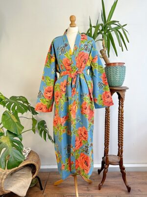 Pure Waffle Cotton Handprinted House Bath Robe Summer Kimono | Floral Spa Beach Coverup | Bloom Blue Orange Green Rose Bouquet Botanical - Image 7