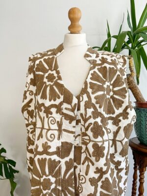 Suzani Hand Wool Embroidery Long Sleeveless Open Coat Jacket | Autumn Boho Elegant Gilet Love Special Gift | White Taupe Mull Beige Mandala - Image 7