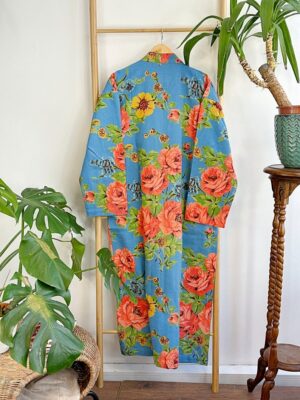 Pure Waffle Cotton Handprinted House Bath Robe Summer Kimono | Floral Spa Beach Coverup | Bloom Blue Orange Green Rose Bouquet Botanical - Image 8