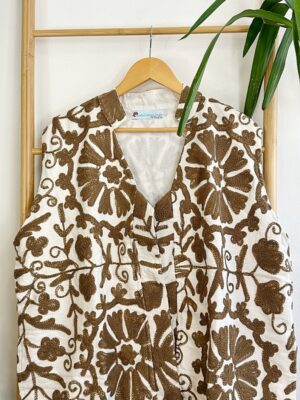 Suzani Hand Wool Embroidery Long Sleeveless Open Coat Jacket | Autumn Boho Elegant Gilet Love Special Gift | White Taupe Mull Beige Mandala - Image 8