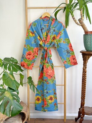 Pure Waffle Cotton Handprinted House Bath Robe Summer Kimono | Floral Spa Beach Coverup | Bloom Blue Orange Green Rose Bouquet Botanical - Image 9