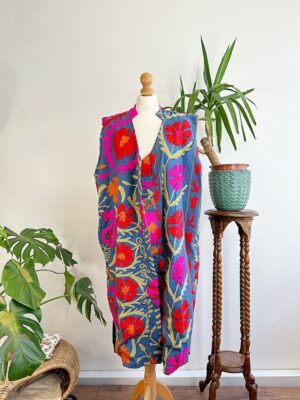 Suzani Hand Wool Embroidery Long Sleeveless Open Coat Jacket | Autumn Boho Elegant Gilet Love Special Gift | Quirky Blue Pink Red Paisley - Image 2