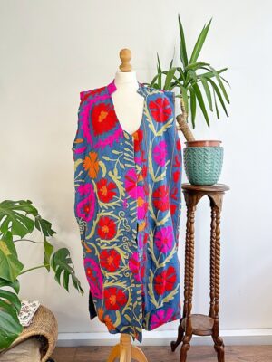 Suzani Hand Wool Embroidery Long Sleeveless Open Coat Jacket | Autumn Boho Elegant Gilet Love Special Gift | Quirky Blue Pink Red Paisley - Image 3