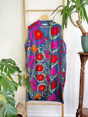 Suzani Hand Wool Embroidery Long Sleeveless Open Coat Jacket | Autumn Boho Elegant Gilet Love Special Gift | Quirky Blue Pink Red Paisley - Image 4