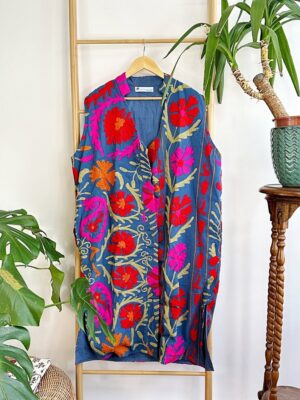 Suzani Hand Wool Embroidery Long Sleeveless Open Coat Jacket | Autumn Boho Elegant Gilet Love Special Gift | Quirky Blue Pink Red Paisley - Image 5