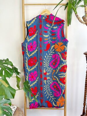 Suzani Hand Wool Embroidery Long Sleeveless Open Coat Jacket | Autumn Boho Elegant Gilet Love Special Gift | Quirky Blue Pink Red Paisley - Image 6
