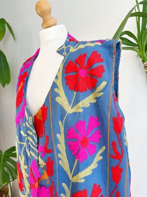 Suzani Hand Wool Embroidery Long Sleeveless Open Coat Jacket | Autumn Boho Elegant Gilet Love Special Gift | Quirky Blue Pink Red Paisley - Image 7