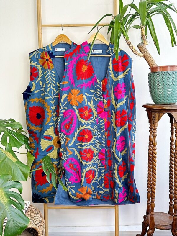 Suzani Hand Wool Embroidery Long Sleeveless Open Coat Jacket | Autumn Boho Elegant Gilet Love Special Gift | Quirky Blue Pink Red Paisley