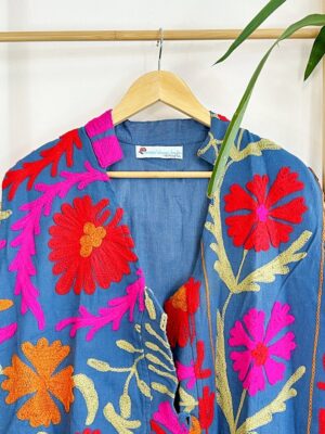 Suzani Hand Wool Embroidery Long Sleeveless Open Coat Jacket | Autumn Boho Elegant Gilet Love Special Gift | Quirky Blue Pink Red Paisley - Image 8