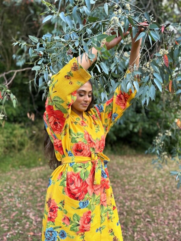 Pure Waffle Cotton Handprinted House Bath Robe Summer Kimono | Floral Spa Beach Coverup | Bloom Bright Yellow Orange Rose Bouquet Botanical