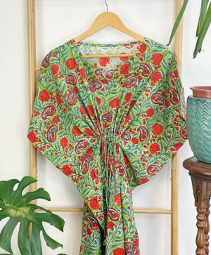 Pure Cotton Kaftan Short Dress Indian Block printed Summer Kimono Floral Beach Coverup Comfy Maternity | Green Punch Orange Candy Gardenia - Image 2