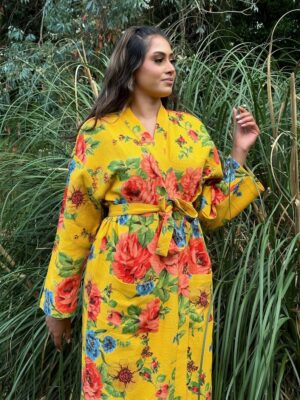 Pure Waffle Cotton Handprinted House Bath Robe Summer Kimono | Floral Spa Beach Coverup | Bloom Bright Yellow Orange Rose Bouquet Botanical - Image 2