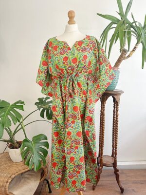 Pure Cotton Kaftan Short Dress Indian Block printed Summer Kimono Floral Beach Coverup Comfy Maternity | Green Punch Orange Candy Gardenia - Image 3