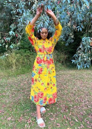 Pure Waffle Cotton Handprinted House Bath Robe Summer Kimono | Floral Spa Beach Coverup | Bloom Bright Yellow Orange Rose Bouquet Botanical - Image 3