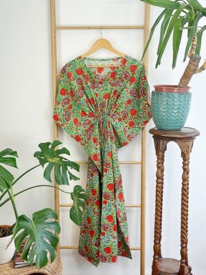 Pure Cotton Kaftan Short Dress Indian Block printed Summer Kimono Floral Beach Coverup Comfy Maternity | Green Punch Orange Candy Gardenia - Image 4