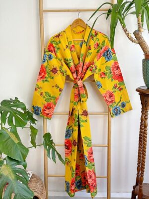 Pure Waffle Cotton Handprinted House Bath Robe Summer Kimono | Floral Spa Beach Coverup | Bloom Bright Yellow Orange Rose Bouquet Botanical - Image 4