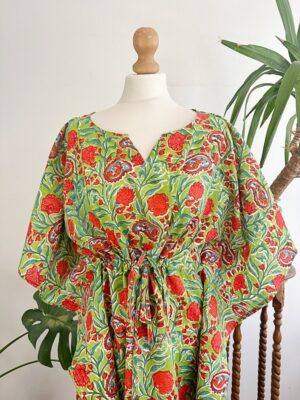 Pure Cotton Kaftan Short Dress Indian Block printed Summer Kimono Floral Beach Coverup Comfy Maternity | Green Punch Orange Candy Gardenia - Image 5
