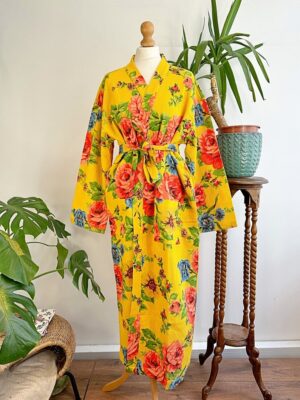 Pure Waffle Cotton Handprinted House Bath Robe Summer Kimono | Floral Spa Beach Coverup | Bloom Bright Yellow Orange Rose Bouquet Botanical - Image 5