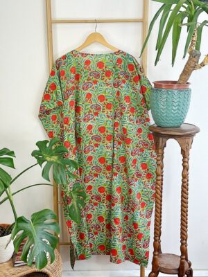 Pure Cotton Kaftan Short Dress Indian Block printed Summer Kimono Floral Beach Coverup Comfy Maternity | Green Punch Orange Candy Gardenia - Image 6