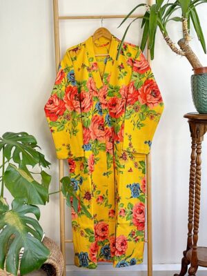 Pure Waffle Cotton Handprinted House Bath Robe Summer Kimono | Floral Spa Beach Coverup | Bloom Bright Yellow Orange Rose Bouquet Botanical - Image 6