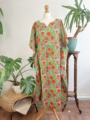 Pure Cotton Kaftan Short Dress Indian Block printed Summer Kimono Floral Beach Coverup Comfy Maternity | Green Punch Orange Candy Gardenia - Image 7