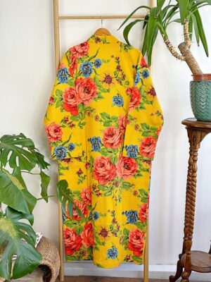 Pure Waffle Cotton Handprinted House Bath Robe Summer Kimono | Floral Spa Beach Coverup | Bloom Bright Yellow Orange Rose Bouquet Botanical - Image 7