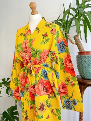Pure Waffle Cotton Handprinted House Bath Robe Summer Kimono | Floral Spa Beach Coverup | Bloom Bright Yellow Orange Rose Bouquet Botanical - Image 8